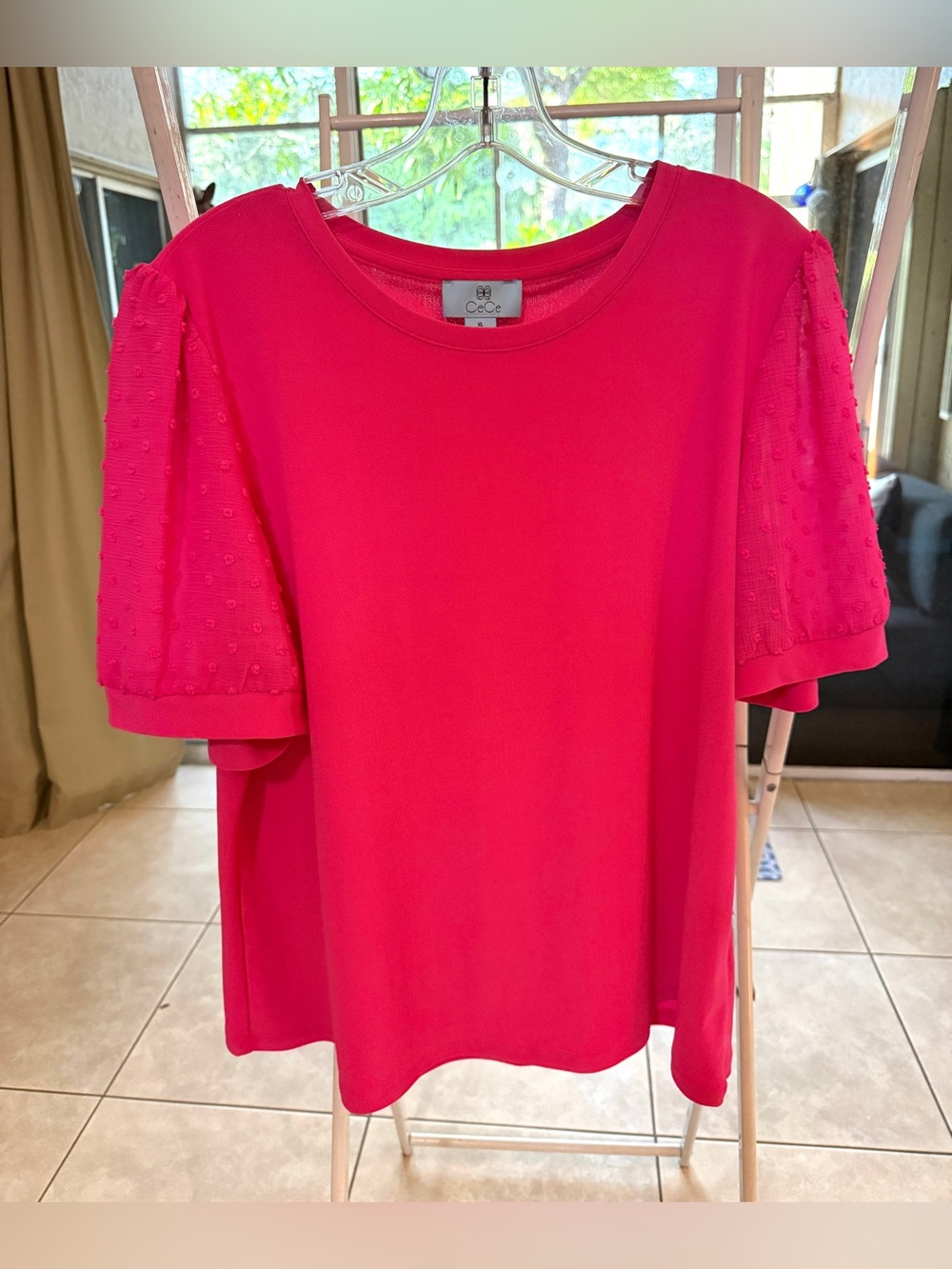 CeCe Bright Pink Puff-Sleeve Knit Tee
